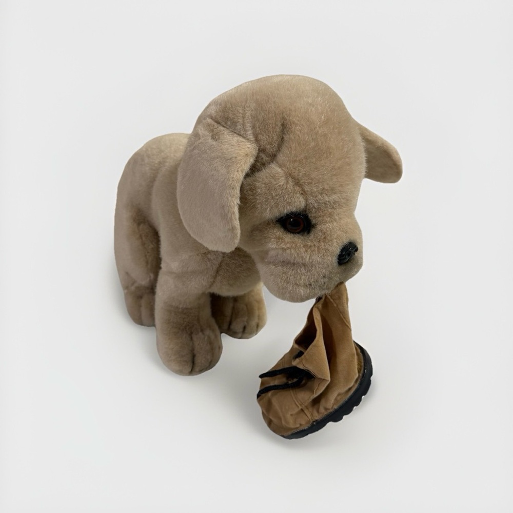 Vintage 1986 14” Applause Avanti Realistic Puppy Plush Sitting Dog Shoe In Mouth